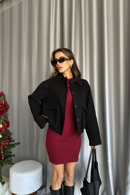 Beli Lastikli Astarlı Oversize Kaşe Ceket - Siyah - 4
