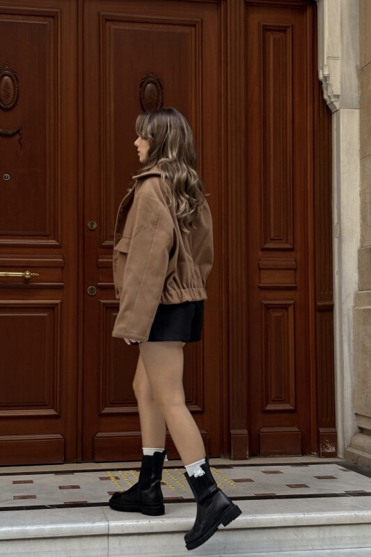 Beli Lastikli Astarlı Oversize Kaşe Ceket - Sütlü Kahve - 6